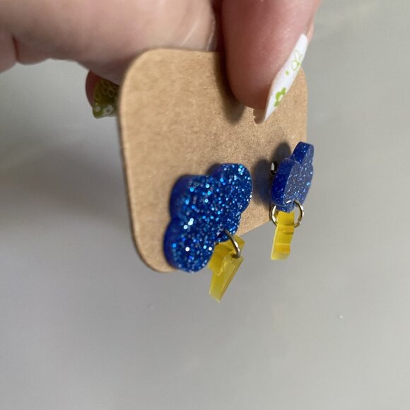 Blue Glitter Cloud Lightning Bolt Earrings - NEW!! - Picture 7 of 8
